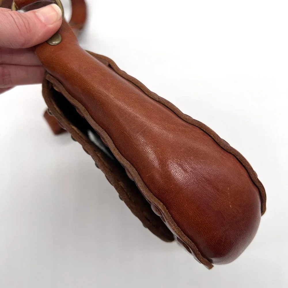 VINTAGE Leather Crossbody Bag Womens Small Brown Handmade Studs Jewels Stitched - Picture 5 of 12